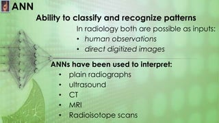 ANN
Ability to classify and recognize patterns
ANNs have been used to interpret:
• plain radiographs
• ultrasound
• CT
• MRI
• Radioisotope scans
In radiology both are possible as inputs:
• human observations
• direct digitized images
 