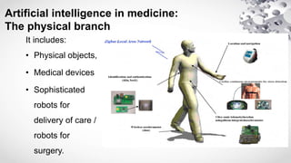 Artificial intelligence in medicine:
The physical branch
It includes:
• Physical objects,
• Medical devices
• Sophisticated
robots for
delivery of care /
robots for
surgery.
 