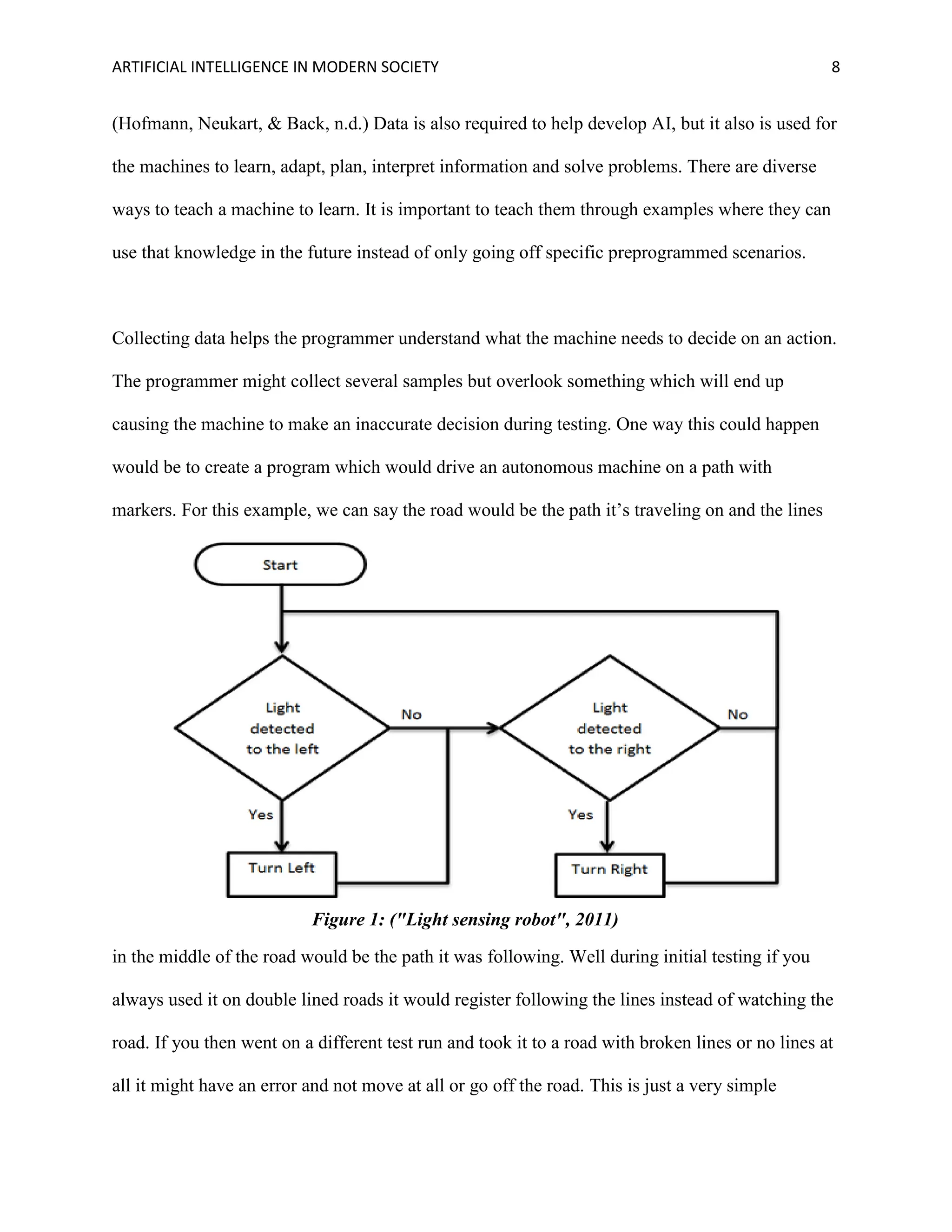 ARTIFICIAL INTELLIGENCE IN MODERN SOCIETY 8
(Hofmann, Neukart, & Back, n.d.) Data is also required to help develop AI, but it also is used for
the machines to learn, adapt, plan, interpret information and solve problems. There are diverse
ways to teach a machine to learn. It is important to teach them through examples where they can
use that knowledge in the future instead of only going off specific preprogrammed scenarios.
Collecting data helps the programmer understand what the machine needs to decide on an action.
The programmer might collect several samples but overlook something which will end up
causing the machine to make an inaccurate decision during testing. One way this could happen
would be to create a program which would drive an autonomous machine on a path with
markers. For this example, we can say the road would be the path it’s traveling on and the lines
in the middle of the road would be the path it was following. Well during initial testing if you
always used it on double lined roads it would register following the lines instead of watching the
road. If you then went on a different test run and took it to a road with broken lines or no lines at
all it might have an error and not move at all or go off the road. This is just a very simple
Figure 1: ("Light sensing robot", 2011)
 