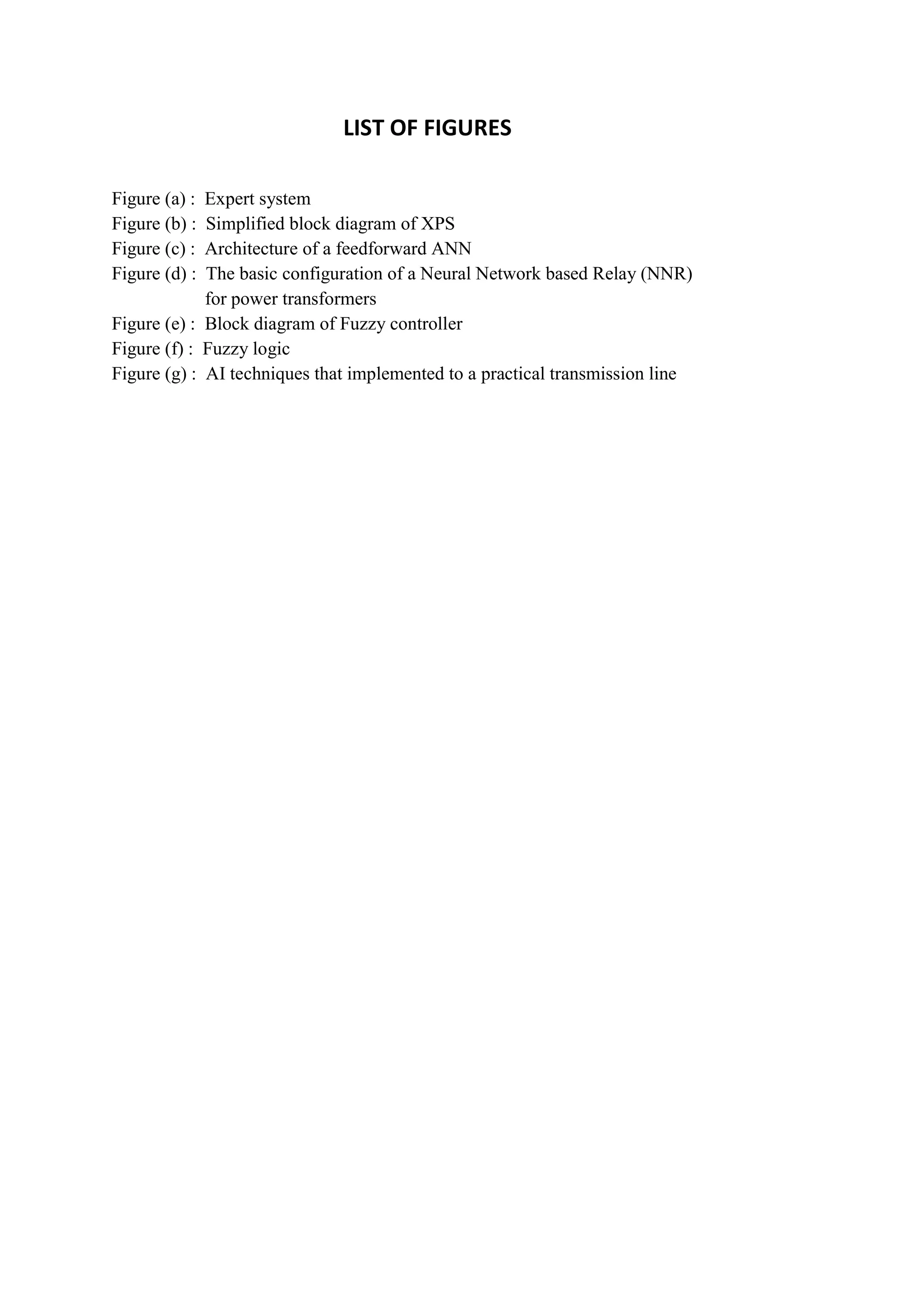 LIST OF FIGURES
Figure (a) : Expert system
Figure (b) : Simplified block diagram of XPS
Figure (c) : Architecture of a feedforward ANN
Figure (d) : The basic configuration of a Neural Network based Relay (NNR)
for power transformers
Figure (e) : Block diagram of Fuzzy controller
Figure (f) : Fuzzy logic
Figure (g) : AI techniques that implemented to a practical transmission line
 