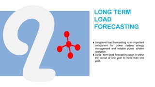 LONG TERM
LOAD
FORECASTING
ᴥ Long-term load forecasting is an important
component for power system energy
management and reliable power system
operation.
ᴥ Long - term load forecasting span is within
the period of one year to more than one
year.
 