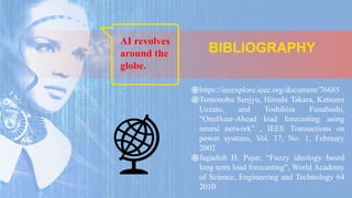 AI revolves
around the
globe.
֍https://ieeexplore.ieee.org/document/76685
֍Tomonobu Senjyu, Hitoshi Takara, Katsumi
Uezato, and Toshihisa Funabashi,
“OneHour-Ahead load forecasting using
neural network” , IEEE Transactions on
power systems, Vol. 17, No. 1, February
2002
֍Jagadish H. Pujar, “Fuzzy ideology based
long term load forecasting”, World Academy
of Science, Engineering and Technology 64
2010.
BIBLIOGRAPHY
 
