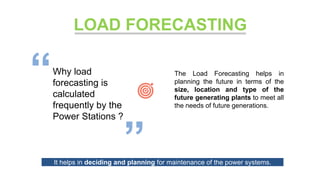 LOAD FORECASTING
Why load
forecasting is
calculated
frequently by the
Power Stations ?
The Load Forecasting helps in
planning the future in terms of the
size, location and type of the
future generating plants to meet all
the needs of future generations.
It helps in deciding and planning for maintenance of the power systems.
 