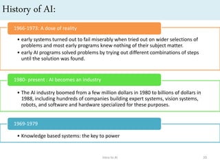 History of AI:
Intro to AI 20
• Knowledge based systems: the key to power
1969-1979
• The AI industry boomed from a few million dollars in 1980 to billions of dollars in
1988, including hundreds of companies building expert systems, vision systems,
robots, and software and hardware specialized for these purposes.
1980- present : AI becomes an industry
• early systems turned out to fail miserably when tried out on wider selections of
problems and most early programs knew nothing of their subject matter.
• early AI programs solved problems by trying out different combinations of steps
until the solution was found.
1966-1973: A dose of reality
 
