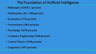 The Foundation of Artificial Intelligence
• Philosophy (428 B.C.-present)
• Mathematics (B.C. 800-present)
• Economics (1776-present)
• Neuroscience (1861-present)
• Psychology (1879-present)
• Computer Engineering (1940-present)
• Control Theory (1948-present)
• Linguistics (1957-present)
 