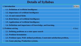 Details of Syllabus
1. Introduction (4 hrs)
1.1. Definition of Artificial Intelligence
1.2. Importance of Artificial Intelligence
1.3. AI and related fields
1.4. Brief history of Artificial Intelligence
1.5. Applications of Artificial Intelligence
1.6. Definition and importance of Knowledge, and learning.
2. Problem solving (6 hrs)
2.1. Defining problems as a state space search
2.2. Problem formulation
2.3. Problem types, Well‐ defined problems, Constraint satisfaction problem,
2.4. Game playing, Production systems.
 