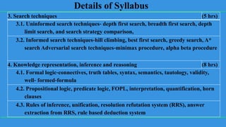 Details of Syllabus
3. Search techniques (5 hrs)
3.1. Uninformed search techniques‐ depth first search, breadth first search, depth
limit search, and search strategy comparison,
3.2. Informed search techniques‐hill climbing, best first search, greedy search, A*
search Adversarial search techniques‐minimax procedure, alpha beta procedure
4. Knowledge representation, inference and reasoning (8 hrs)
4.1. Formal logic‐connectives, truth tables, syntax, semantics, tautology, validity,
well‐ formed‐formula
4.2. Propositional logic, predicate logic, FOPL, interpretation, quantification, horn
clauses
4.3. Rules of inference, unification, resolution refutation system (RRS), answer
extraction from RRS, rule based deduction system
 