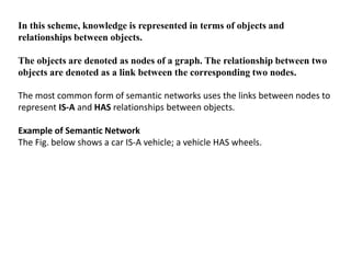 In this scheme, knowledge is represented in terms of objects and
relationships between objects.
The objects are denoted as nodes of a graph. The relationship between two
objects are denoted as a link between the corresponding two nodes.
The most common form of semantic networks uses the links between nodes to
represent IS-A and HAS relationships between objects.
Example of Semantic Network
The Fig. below shows a car IS-A vehicle; a vehicle HAS wheels.
 
