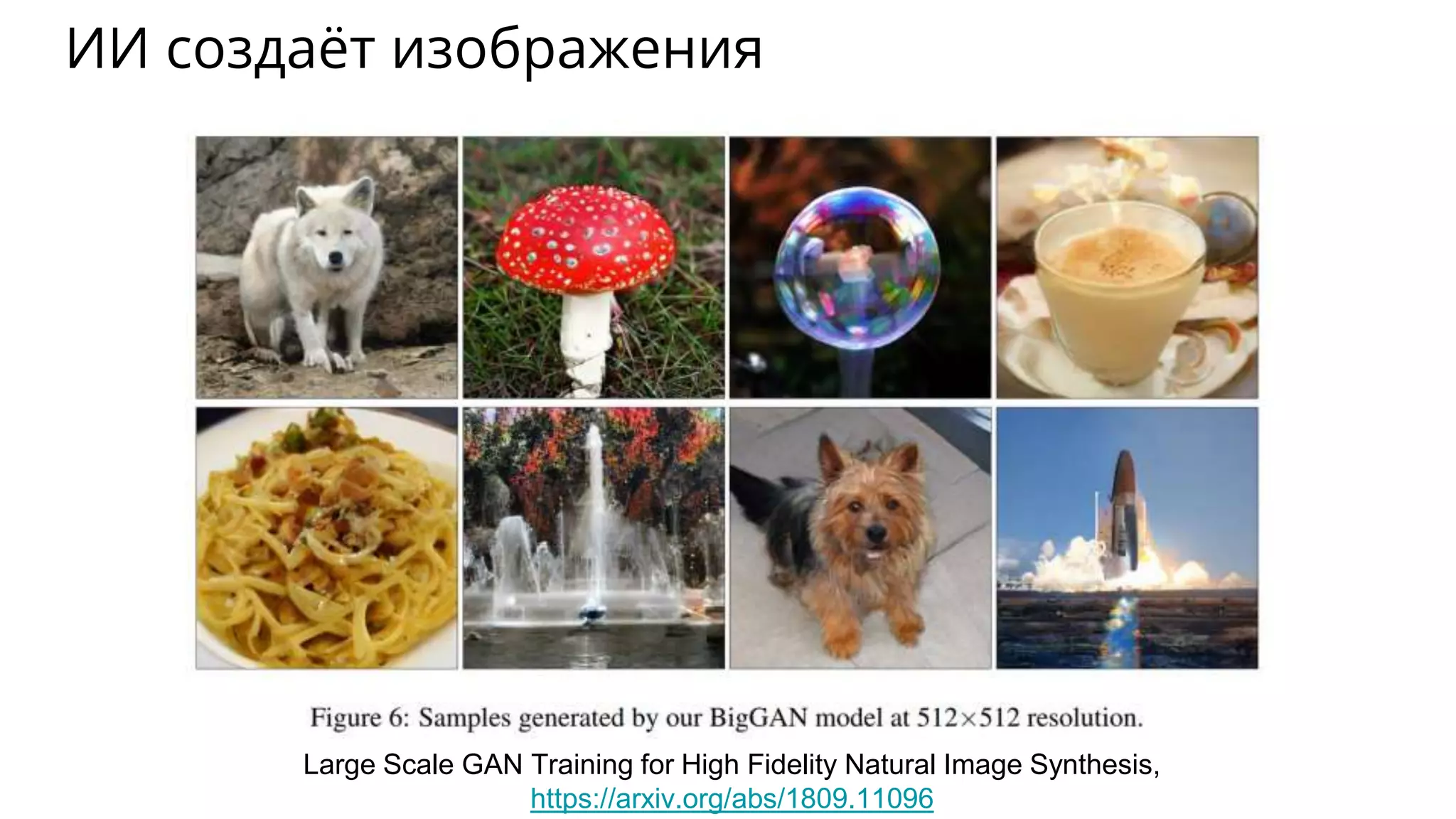 ИИ создаёт изображения
Large Scale GAN Training for High Fidelity Natural Image Synthesis,
https://arxiv.org/abs/1809.11096
 