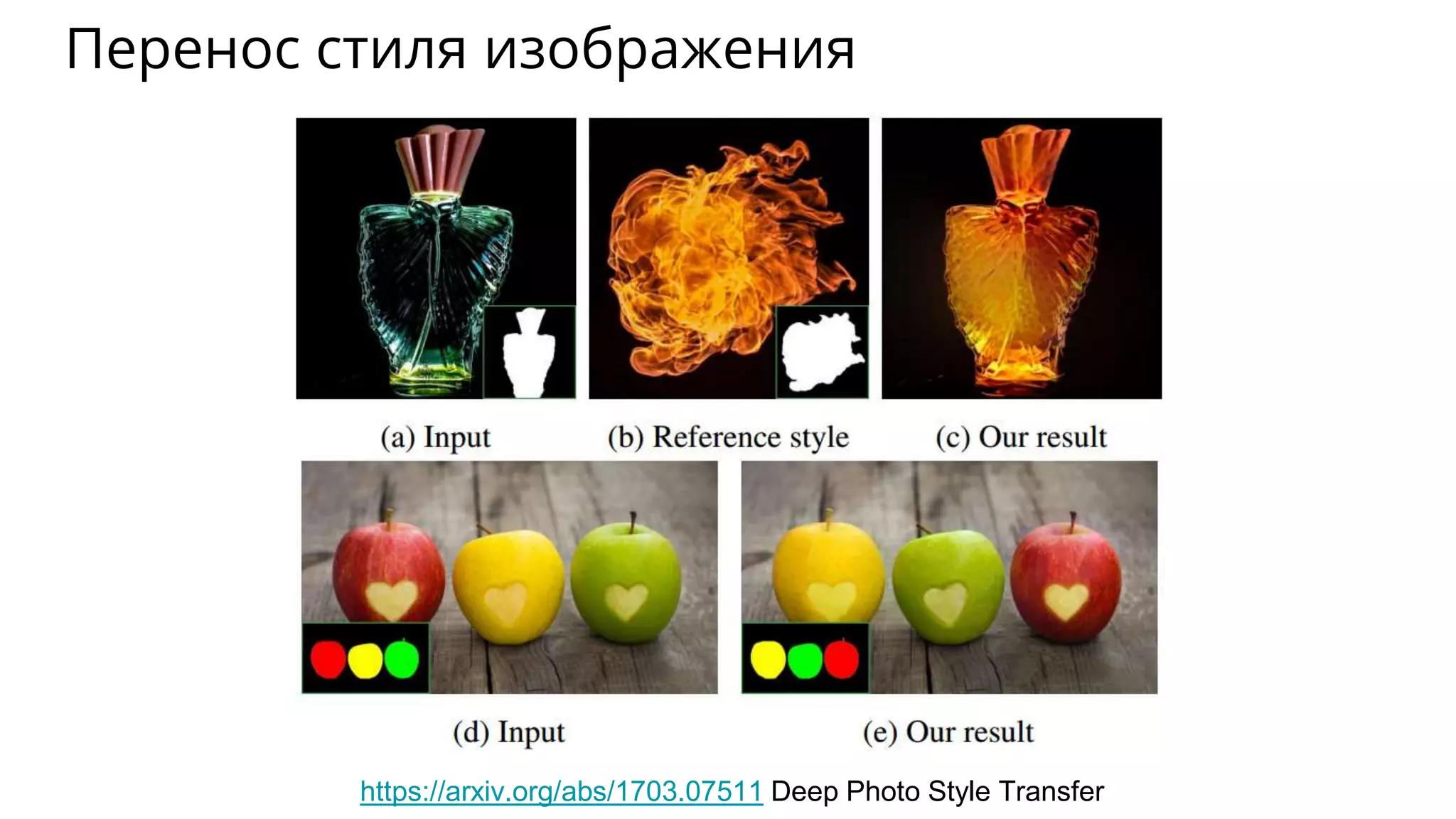 Перенос стиля изображения
https://arxiv.org/abs/1703.07511 Deep Photo Style Transfer
 