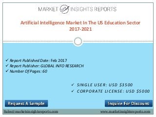  SINGLE USER: USD $3500
 CORPORATE LICENSE: USD $5000
Artificial Intelligence Market In The US Education Sector
2017-2021
Sales@marketsinsightsreports.com
 Report Published Date: Feb 2017
 Report Publisher: GLOBAL INFO RESEARCH
 Number Of Pages: 60
www.marketinsightsreports.com
 