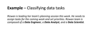 Example – Classifying data tasks
Rizwan is leading her team's planning session this week. He needs to
assign tasks for the coming week and set priorities. Rizwan team is
composed of a Data Engineer, a Data Analyst, and a Data Scientist.
 