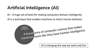 Artificial Intelligence (AI)
AI – A huge set of tools for making computers behave intelligently
AI is changing the way we work and live
AI is a technique that enables machines to mimic human behavior.
 