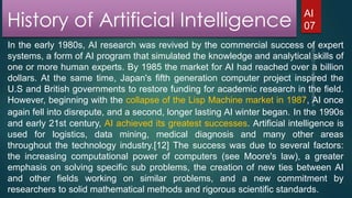 History of Artificial Intelligence

AI
07

In the early 1980s, AI research was revived by the commercial success of expert
systems, a form of AI program that simulated the knowledge and analytical skills of
one or more human experts. By 1985 the market for AI had reached over a billion
dollars. At the same time, Japan's fifth generation computer project inspired the
U.S and British governments to restore funding for academic research in the field.
However, beginning with the collapse of the Lisp Machine market in 1987, AI once
again fell into disrepute, and a second, longer lasting AI winter began. In the 1990s
and early 21st century, AI achieved its greatest successes. Artificial intelligence is
used for logistics, data mining, medical diagnosis and many other areas
throughout the technology industry.[12] The success was due to several factors:
the increasing computational power of computers (see Moore's law), a greater
emphasis on solving specific sub problems, the creation of new ties between AI
and other fields working on similar problems, and a new commitment by
researchers to solid mathematical methods and rigorous scientific standards.

 