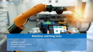 • Self-Driving Vehicles
• Automated recommendations
• Computer Translation
Machine Learning Uses
 