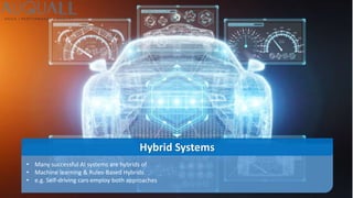 • Many successful AI systems are hybrids of
• Machine learning & Rules-Based Hybrids
• e.g. Self-driving cars employ both approaches
Hybrid Systems
 