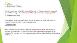 Cont…
 Definition of Problem
Why it is important to build AI system? What will be the advantages of proposed
system? For example “I want to predict the price of house using AI system”.
 Problem Limitation
There always some limitations while solving problems. All these limitations or
constraints must be fulfil while creating system.
Goal or Solution
What is expected from system? The Goal state or final state or the solution of
problem is defined here. This will help us to proposed appropriate solution for
problem. For example “we can use some machine learning technique to solve this
problem”.
9/8/2022
VIJAYALAKSHMI.N Asst. Professor/CSE 40
 