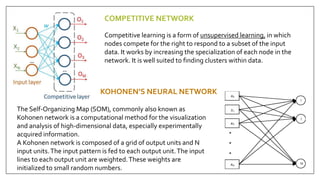 COMPETITIVE NETWORK
KOHONEN’S NEURAL NETWORK
Competitive learning is a form of unsupervised learning, in which
nodes compete for the right to respond to a subset of the input
data. It works by increasing the specialization of each node in the
network. It is well suited to finding clusters within data.
The Self-Organizing Map (SOM), commonly also known as
Kohonen network is a computational method for the visualization
and analysis of high-dimensional data, especially experimentally
acquired information.
A Kohonen network is composed of a grid of output units and N
input units.The input pattern is fed to each output unit.The input
lines to each output unit are weighted.These weights are
initialized to small random numbers.
 