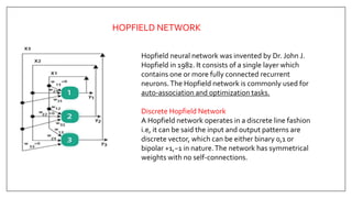 Hopfield neural network was invented by Dr. John J.
Hopfield in 1982. It consists of a single layer which
contains one or more fully connected recurrent
neurons.The Hopfield network is commonly used for
auto-association and optimization tasks.
Discrete Hopfield Network
A Hopfield network operates in a discrete line fashion
i.e, it can be said the input and output patterns are
discrete vector, which can be either binary 0,1 or
bipolar +1,−1 in nature.The network has symmetrical
weights with no self-connections.
HOPFIELD NETWORK
 