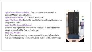1960- General Motors Robot , First robot was introduced to
General Motors assembly line.
1961- First AI Chatbot (ELIZA) was introduced.
1997- IBM Deep Blue beats the world champion Garry Kasparov in
the game of chess.
2005- DARPA Grand Challenge
Stanford Racing team’s autonomous robotic car named Stanley
wins the 2005 DARPA Grand Challenge.
2011- IBMWatson
IBM’s Question answering system namedWatson defeated the
two greatest Jeopardy champions, Brad Rutter and Ken Jennings.
 