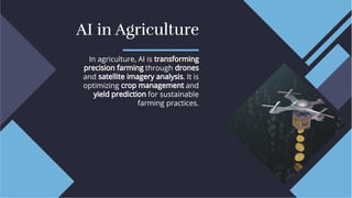 AI in Agriculture
AI in Agriculture
In agriculture, AI is transforming
precision farming through drones
and satellite imagery analysis. It is
optimizing crop management and
yield prediction for sustainable
farming practices.
In agriculture, AI is transforming
precision farming through drones
and satellite imagery analysis. It is
optimizing crop management and
yield prediction for sustainable
farming practices.
 