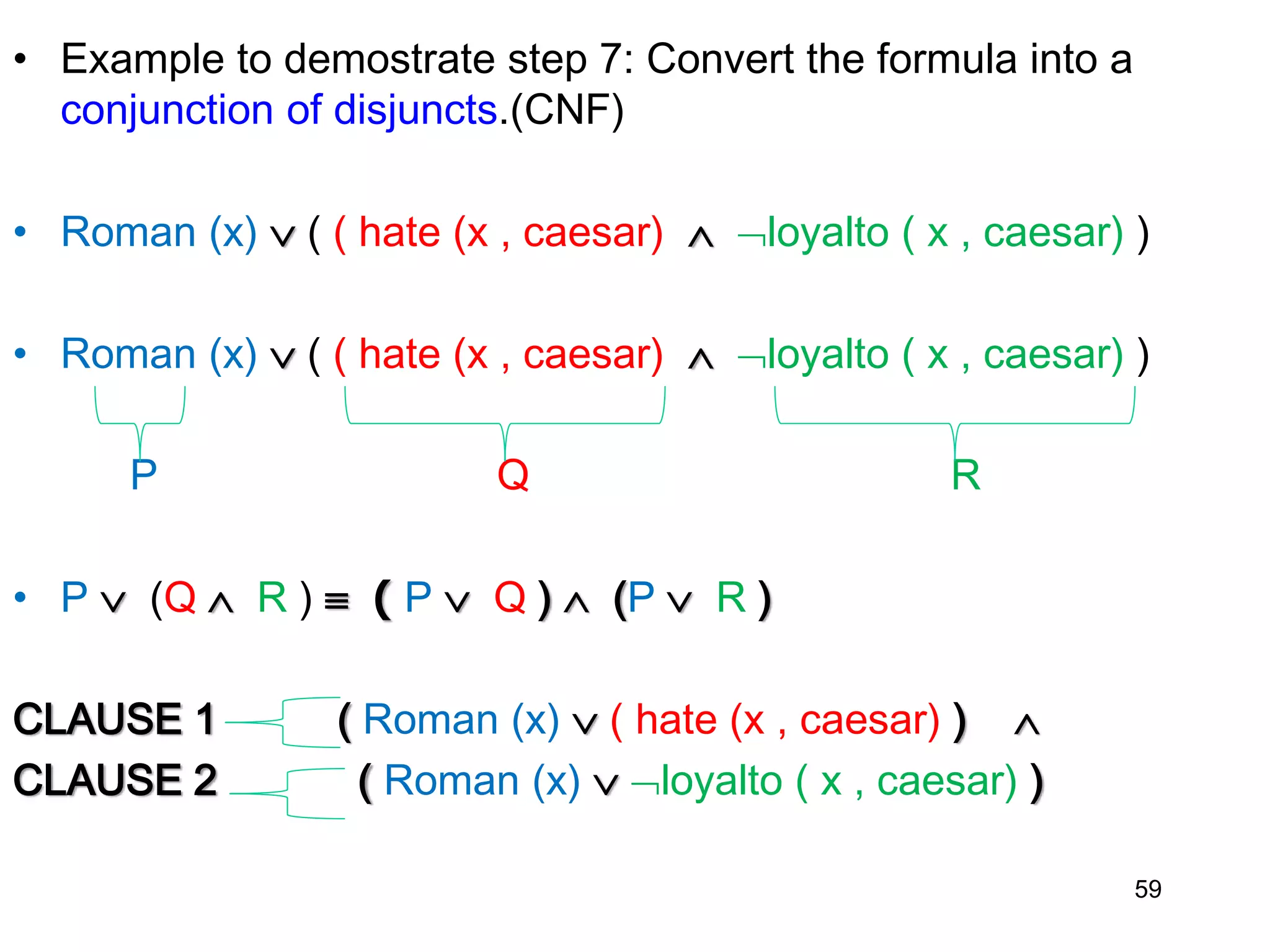 • Example to demostrate step 7: Convert the formula into a
conjunction of disjuncts.(CNF)
• Roman (x)  ( ( hate (x , caesar)  loyalto ( x , caesar) )
• Roman (x)  ( ( hate (x , caesar)  loyalto ( x , caesar) )
P Q R
• P  (Q  R )  ( P  Q )  (P  R )
CLAUSE 1 ( Roman (x)  ( hate (x , caesar) ) 
CLAUSE 2 ( Roman (x)  loyalto ( x , caesar) )
59
 