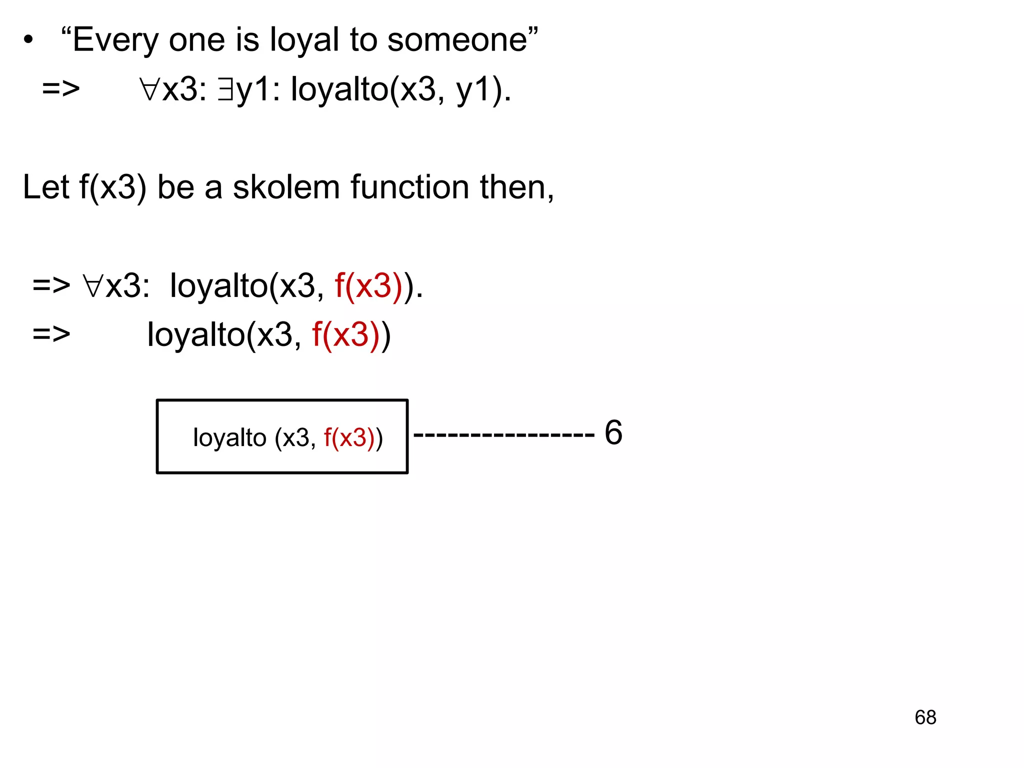 • “Every one is loyal to someone”
=> x3: y1: loyalto(x3, y1).
Let f(x3) be a skolem function then,
=> x3: loyalto(x3, f(x3)).
=> loyalto(x3, f(x3))
---------------- 6
68
loyalto (x3, f(x3))
 