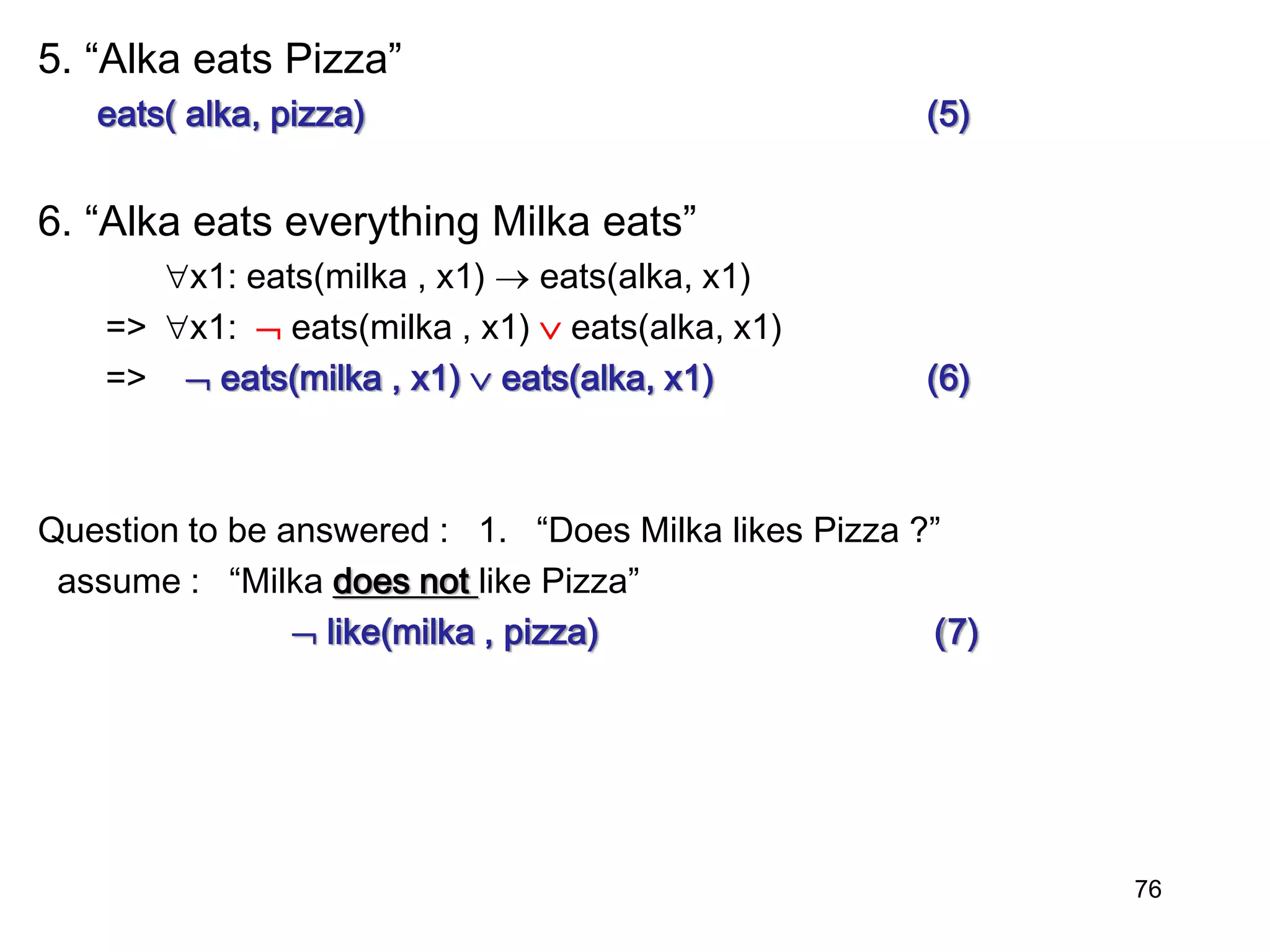 5. “Alka eats Pizza”
eats( alka, pizza) (5)
6. “Alka eats everything Milka eats”
x1: eats(milka , x1)  eats(alka, x1)
=> x1:  eats(milka , x1)  eats(alka, x1)
=>  eats(milka , x1)  eats(alka, x1) (6)
Question to be answered : 1. “Does Milka likes Pizza ?”
assume : “Milka does not like Pizza”
 like(milka , pizza) (7)
76
 