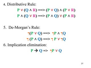 4. Distributive Rule:
P ˅ (Q ˄ R) ==> (P ˅ Q) ˄ (P ˅ R)
P ˄ (Q ˅ R) ==> (P ˄ Q) ˅ (P ˄ R)
5. De-Morgan’s Rule:
‫(ך‬P ˅ Q) ==> ‫ך‬P ˄ ‫ך‬Q
‫ך‬ (P ˄ Q) ==> ‫ך‬ P ˅ ‫ך‬Q
6. Implication elimination:
P  Q => ‫ך‬P ˅ Q
21
 