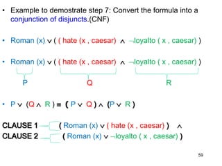 • Example to demostrate step 7: Convert the formula into a
conjunction of disjuncts.(CNF)
• Roman (x)  ( ( hate (x , caesar)  loyalto ( x , caesar) )
• Roman (x)  ( ( hate (x , caesar)  loyalto ( x , caesar) )
P Q R
• P  (Q  R )  ( P  Q )  (P  R )
CLAUSE 1 ( Roman (x)  ( hate (x , caesar) ) 
CLAUSE 2 ( Roman (x)  loyalto ( x , caesar) )
59
 