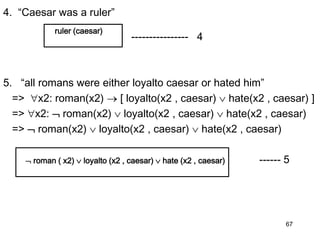 4. “Caesar was a ruler”
---------------- 4
5. “all romans were either loyalto caesar or hated him”
=> x2: roman(x2)  [ loyalto(x2 , caesar)  hate(x2 , caesar) ]
=> x2:  roman(x2)  loyalto(x2 , caesar)  hate(x2 , caesar)
=>  roman(x2)  loyalto(x2 , caesar)  hate(x2 , caesar)
------ 5
67
ruler (caesar)
 roman ( x2)  loyalto (x2 , caesar)  hate (x2 , caesar)
 