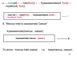   man(x4)   ruler(f(x4))   tryassassinate(x4, f(x4)) 
loyalto(x4, f(x4))
» ---------- 7
8. “Marcus tried to assassinate Caesar”
tryassassinate(marcus , caesar)
------------ 8
To prove : marcus hate caesar i.e. hate(marcus, caesar)
70

 man( x4)   ruler(f(x4))   tryassassinate(x4, f(x4)) 
loyalto(x4, f(x4))
tryassassinate( marcus , caesar )
 