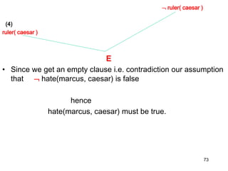  ruler( caesar )
(4)
ruler( caesar )
E
• Since we get an empty clause i.e. contradiction our assumption
that  hate(marcus, caesar) is false
hence
hate(marcus, caesar) must be true.
73
 