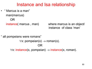 Instance and Isa relationship
• “ Marcus is a man”
man(marcus)
OR
instance( marcus , man) where marcus is an object/
instance of class ‘man’
“ all pompeians were romans”
x: pompeian(x)  roman(x).
OR
x: instance(x, pompeian)  instance(x, roman).
80
 