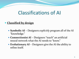 Classifications of AI
 Classified by design
 Symbolic AI – Designers explicitly program all of the AI
“knowledge.”
 Connectionist AI – Designers “teach” an artificial
neural network what the AI needs to “know.”
 Evolutionary AI – Designers give the AI the ability to
refine itself.
5
 