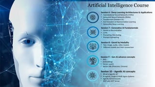 Session 6 - Deep Learning Architectures & Applications
• Convolutional Neural Networks (CNNs)
• Recurrent Neural Networks (RNNs)
• Transformers (Modern DL)
• Autoencoders & Representation Learning
• Generative Deep Learning
Session 10 – Agentic AI concepts
• What is Agentic AI?
• AI Agents, Single & Multi Agent Systems
• Agentic AI frameworks
• MCP and MCP Server
Artificial Intelligence Course
Session 7 - Generative AI Fundamentals
• GenAI vs discriminative
• LLMs
• Prompting, fine-tuning
• Prompt Engineering
Session 8 - GenAI by Modality
• Text, image, audio, video models
• Different models and their comparison
Session 9 – Gen AI advance concepts
• RAG
• Embeddings
• Vector search
• Vector DBs (Pinecone, Chroma)
 