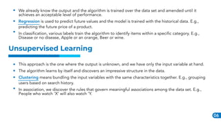 06
Unsupervised Learning
We already know the output and the algorithm is trained over the data set and amended until it
ac...