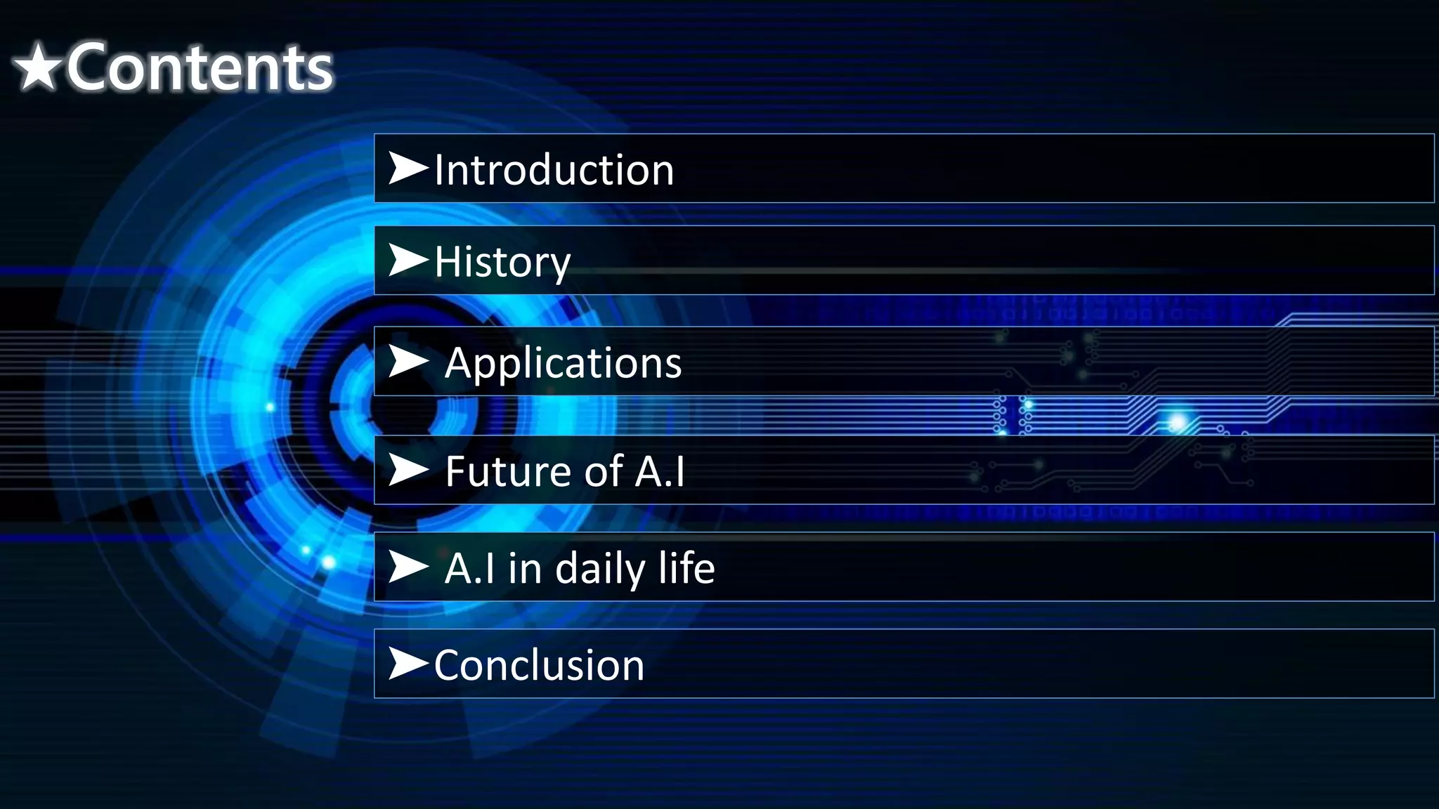 ★Contents
➤Introduction
➤History
➤ Applications
➤ Future of A.I
➤Conclusion
➤ A.I in daily life
 