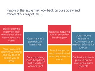 People of the future may look back on our society and
marvel at our way of life…
Doctors relying
mainly on their
memory for all the
salient facts to a
case!
Cars that can't
parallel-park
themselves!
Factories requiring
human assembly-
line drudgery!
Library books
unable to
recommend other
relevant information
sources!
Your house not
opening & closing
door by itself on
seeing you or
family!
Cars not driving
you to hospital by
itself if you faint
while driving!
Fans & lamps not
turn themselves off
when we leave the
room!
Our bed not able to
push us out by
itself when alarm
goes off!
 