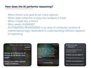 How does the AI performs reasoning?
- When there’s one goal & too many options.
- When data collection is easy but analysis is hard.
- When it feels like a friend.
- Who needs HUMANS?
- AUTOMATED REASONING is an area of computer science &
mathematical logic dedicated to understanding different aspects
of reasoning.
 