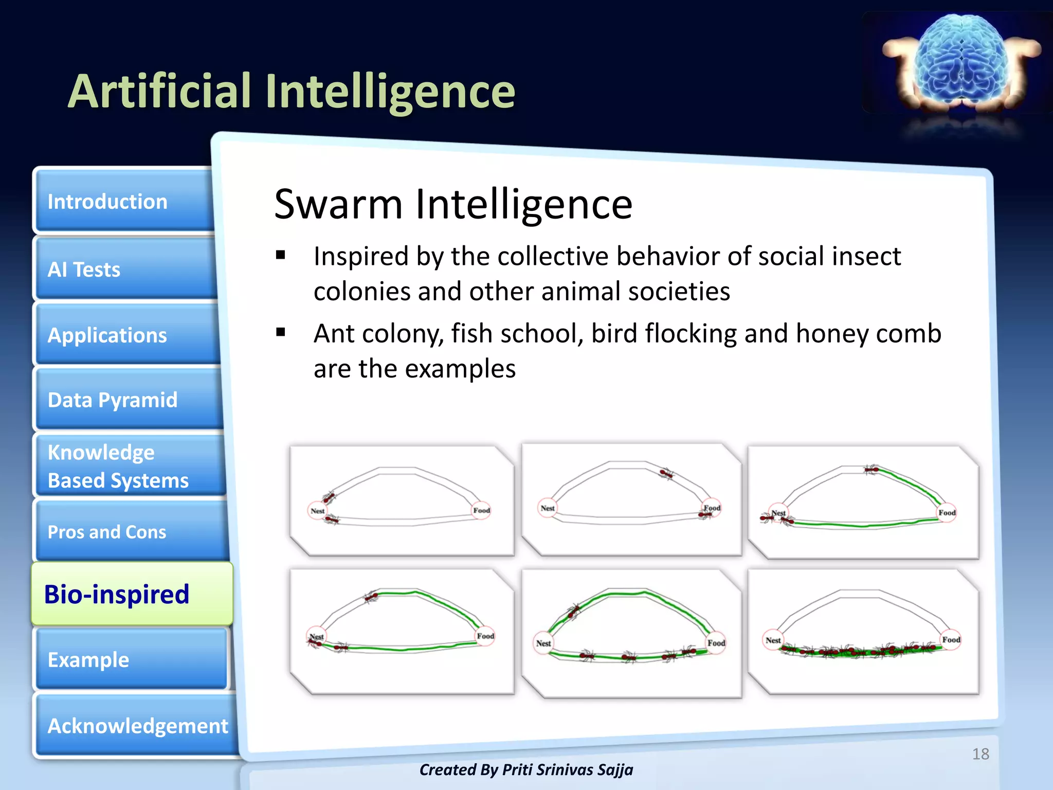 Artificial Intelligence
Introduction      Swarm Intelligence
AI Tests           Inspired by the collective behavior of social insect
                    colonies and other animal societies
Applications       Ant colony, fish school, bird flocking and honey comb
                    are the examples
Data Pyramid

Knowledge
Based Systems

Pros and Cons


Bio-inspired
Bio-inspired

Example

Acknowledgement
                                                                            18
                             Created By Priti Srinivas Sajja
 