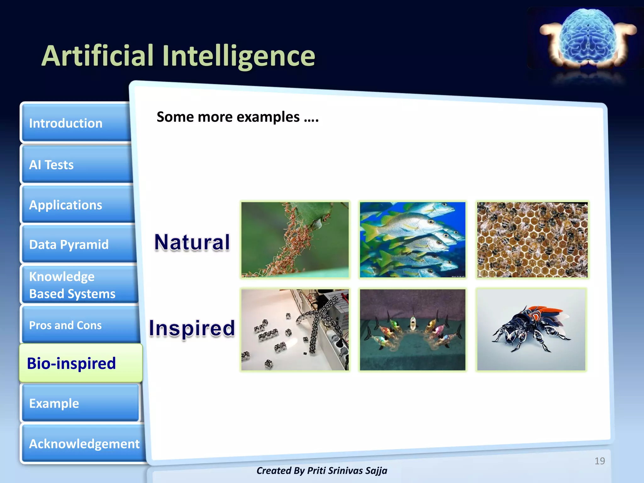 Artificial Intelligence
Introduction      Some more examples ….

AI Tests

Applications

Data Pyramid

Knowledge
Based Systems

Pros and Cons


Bio-inspired
Bio-inspired

Example

Acknowledgement
                                                                19
                              Created By Priti Srinivas Sajja
 