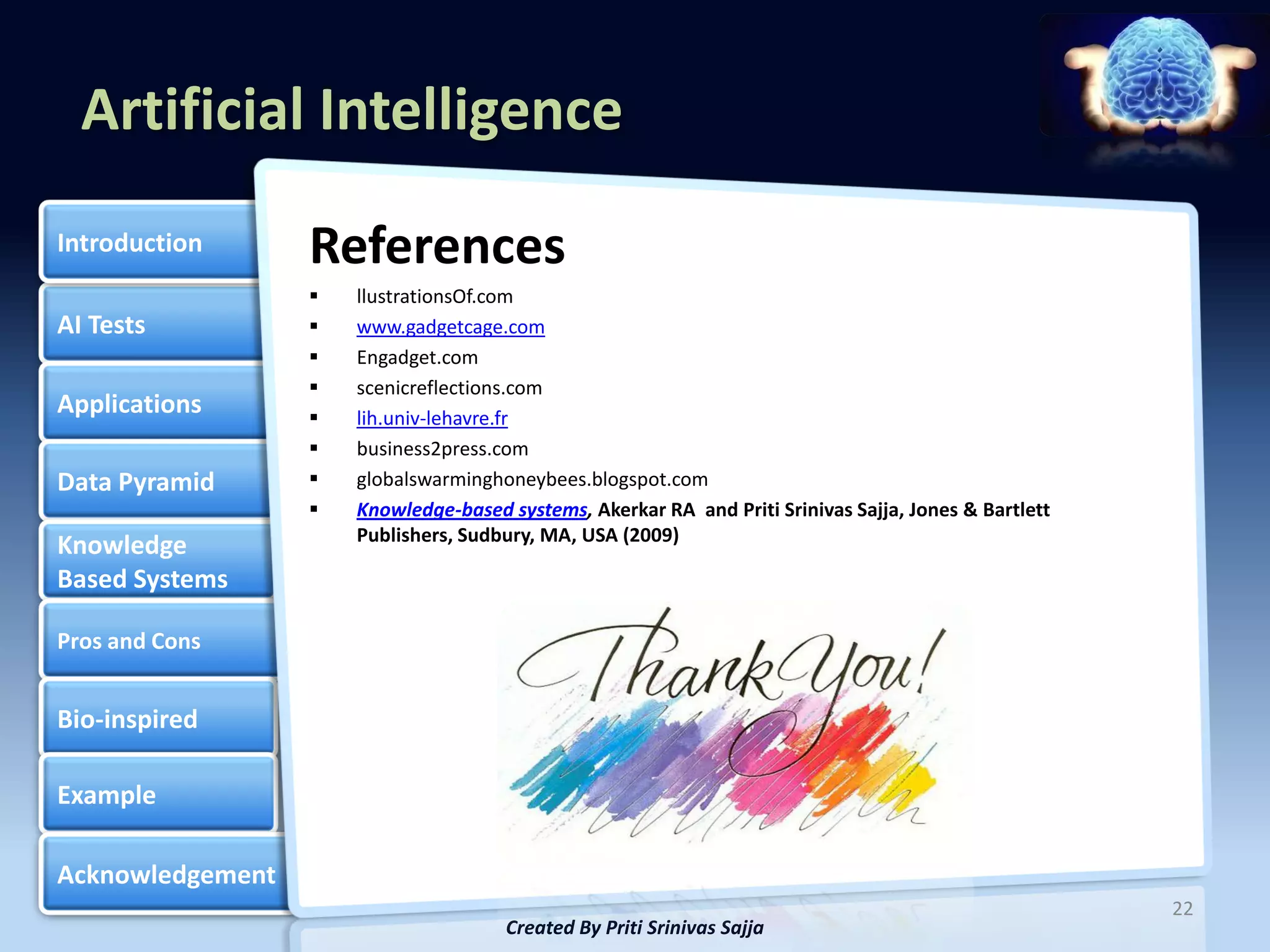 Artificial Intelligence
Introduction      References
                     llustrationsOf.com
AI Tests             www.gadgetcage.com
                     Engadget.com
                     scenicreflections.com
Applications         lih.univ-lehavre.fr
                     business2press.com
Data Pyramid         globalswarminghoneybees.blogspot.com
                     Knowledge-based systems, Akerkar RA and Priti Srinivas Sajja, Jones & Bartlett
                      Publishers, Sudbury, MA, USA (2009)
Knowledge
Based Systems

Pros and Cons


Bio-inspired

Example

Acknowledgement
                                                                                                       22
                                      Created By Priti Srinivas Sajja
 