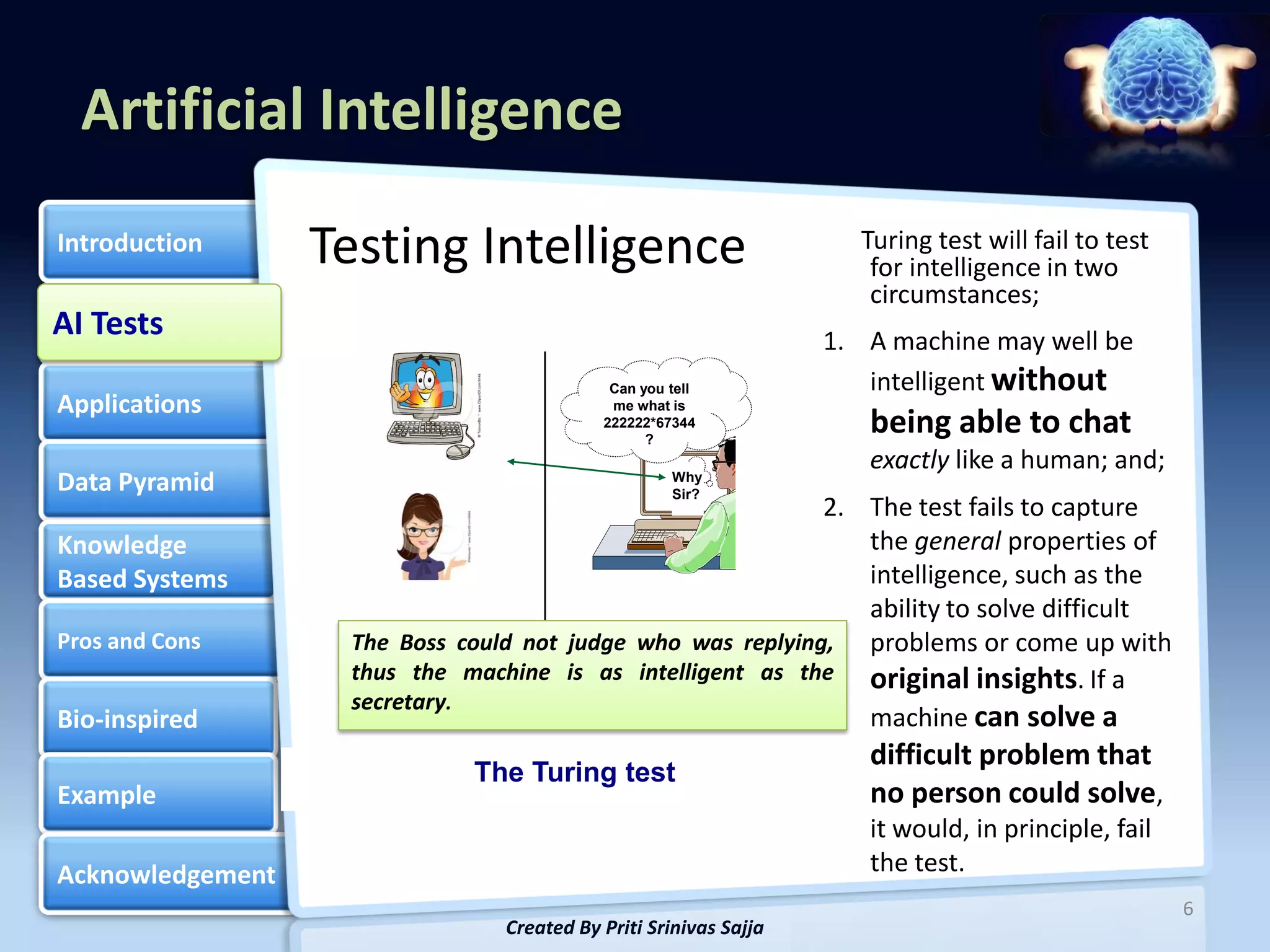 Artificial Intelligence
Introduction      Testing Intelligence                              Turing test will fail to test
                                                                     for intelligence in two
                                                                     circumstances;
AI Tests
AI Tests
                                                                  1. A machine may well be
                                            Can you tell             intelligent without
Applications                                me what is
                                           222222*67344
                                                 ?
                                                                     being able to chat
                                                                     exactly like a human; and;
Data Pyramid                                        Why
                                                    Sir?
                                                            2. The test fails to capture
Knowledge                                                      the general properties of
Based Systems                                                  intelligence, such as the
                                                               ability to solve difficult
Pros and Cons      The Boss could not judge who was replying, problems or come up with
                   thus the machine is as intelligent as the original insights. If a
                   secretary.
Bio-inspired                                                   machine can solve a
                                                                     difficult problem that
                             The Turing test
Example                                                              no person could solve,
                                                                     it would, in principle, fail
Acknowledgement                                                      the test.
                                                                                                    6
                                Created By Priti Srinivas Sajja
 