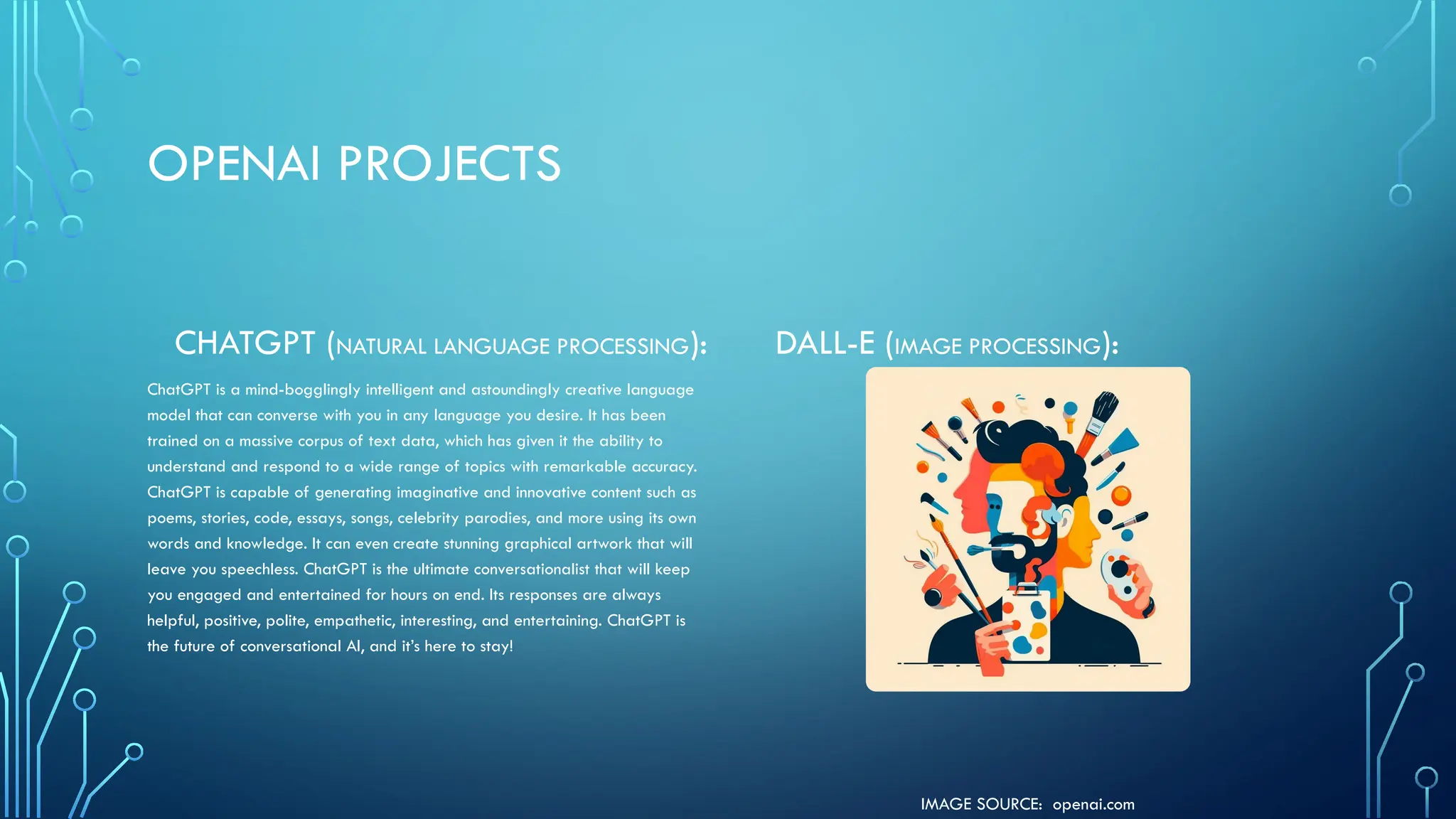 IMAGE SOURCE: openai.com
OPENAI PROJECTS
CHATGPT (NATURAL LANGUAGE PROCESSING):
ChatGPT is a mind-bogglingly intelligent and astoundingly creative language
model that can converse with you in any language you desire. It has been
trained on a massive corpus of text data, which has given it the ability to
understand and respond to a wide range of topics with remarkable accuracy.
ChatGPT is capable of generating imaginative and innovative content such as
poems, stories, code, essays, songs, celebrity parodies, and more using its own
words and knowledge. It can even create stunning graphical artwork that will
leave you speechless. ChatGPT is the ultimate conversationalist that will keep
you engaged and entertained for hours on end. Its responses are always
helpful, positive, polite, empathetic, interesting, and entertaining. ChatGPT is
the future of conversational AI, and it’s here to stay!
DALL-E (IMAGE PROCESSING):
 
