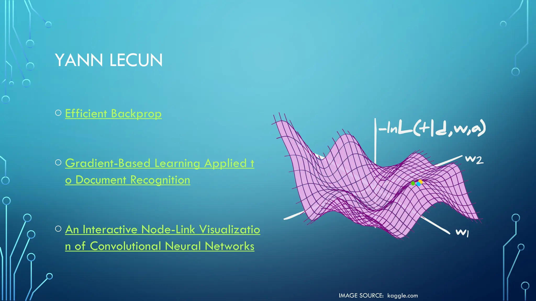 IMAGE SOURCE: kaggle.com
YANN LECUN
o Efficient Backprop
o Gradient-Based Learning Applied t
o Document Recognition
o An Interactive Node-Link Visualizatio
n of Convolutional Neural Networks
 