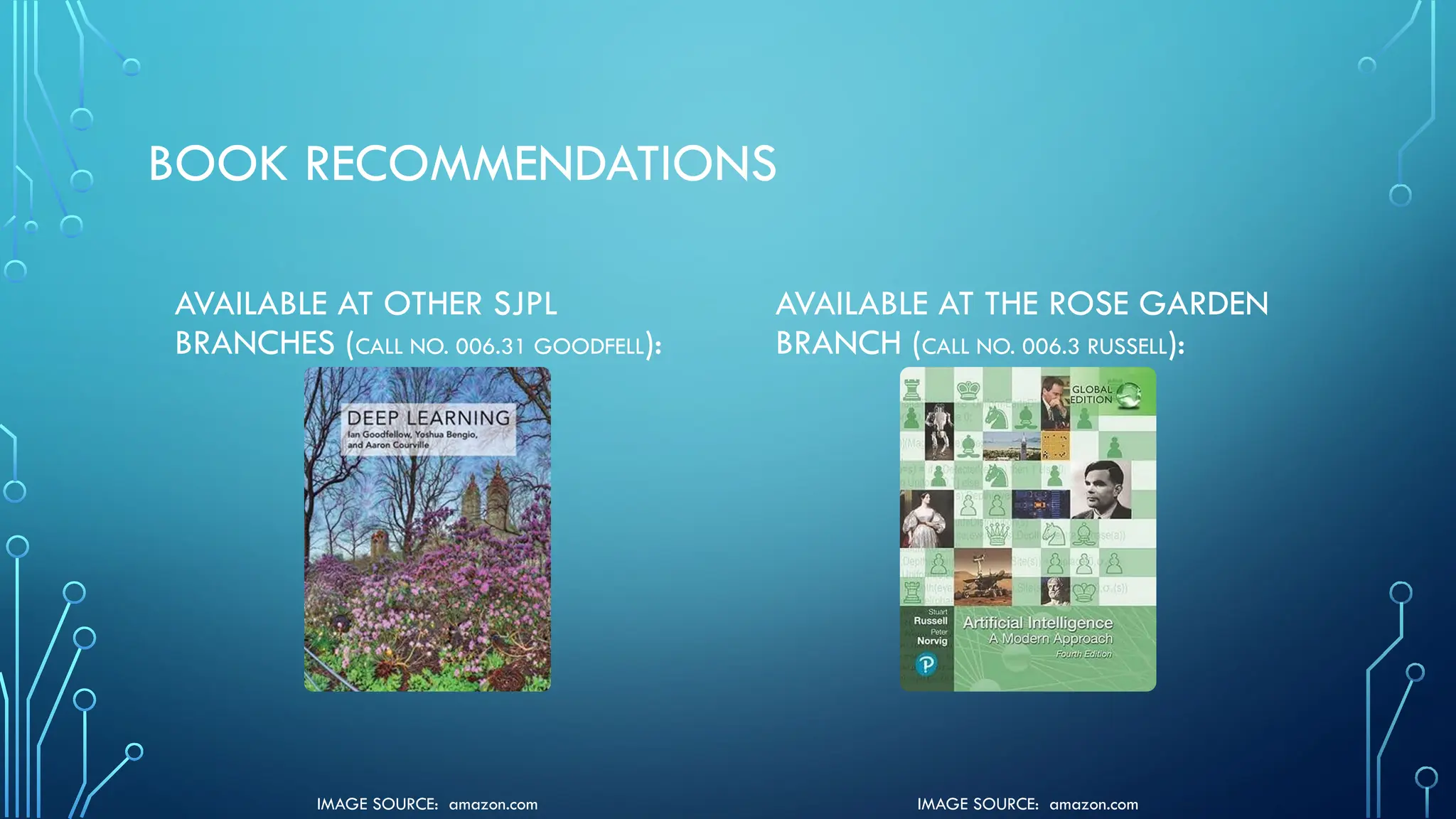 IMAGE SOURCE: amazon.com
IMAGE SOURCE: amazon.com
BOOK RECOMMENDATIONS
AVAILABLE AT OTHER SJPL
BRANCHES (CALL NO. 006.31 GOODFELL):
AVAILABLE AT THE ROSE GARDEN
BRANCH (CALL NO. 006.3 RUSSELL):
 