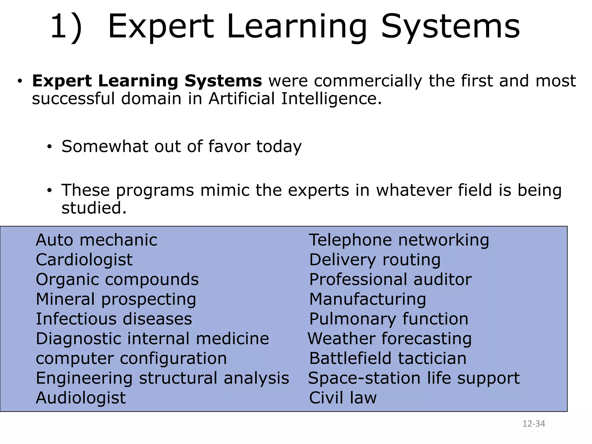 12-34
1) Expert Learning Systems
• Expert Learning Systems were commercially the first and most
successful domain in Artificial Intelligence.
• Somewhat out of favor today
• These programs mimic the experts in whatever field is being
studied.
Auto mechanic Telephone networking
Cardiologist Delivery routing
Organic compounds Professional auditor
Mineral prospecting Manufacturing
Infectious diseases Pulmonary function
Diagnostic internal medicine Weather forecasting
computer configuration Battlefield tactician
Engineering structural analysis Space-station life support
Audiologist Civil law
 