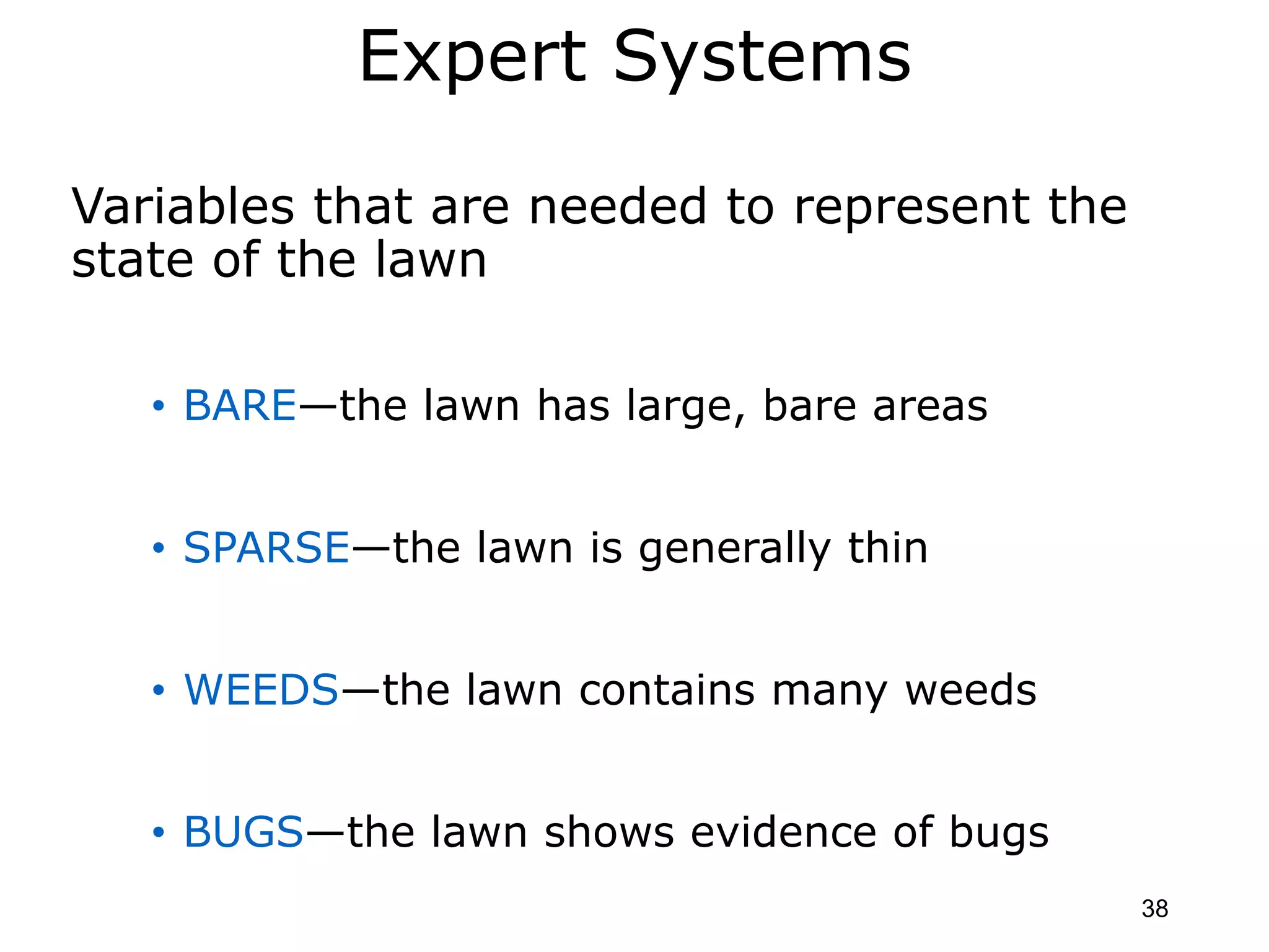 Expert Systems
Variables that are needed to represent the
state of the lawn
• BARE—the lawn has large, bare areas
• SPARSE—the lawn is generally thin
• WEEDS—the lawn contains many weeds
• BUGS—the lawn shows evidence of bugs
38
 
