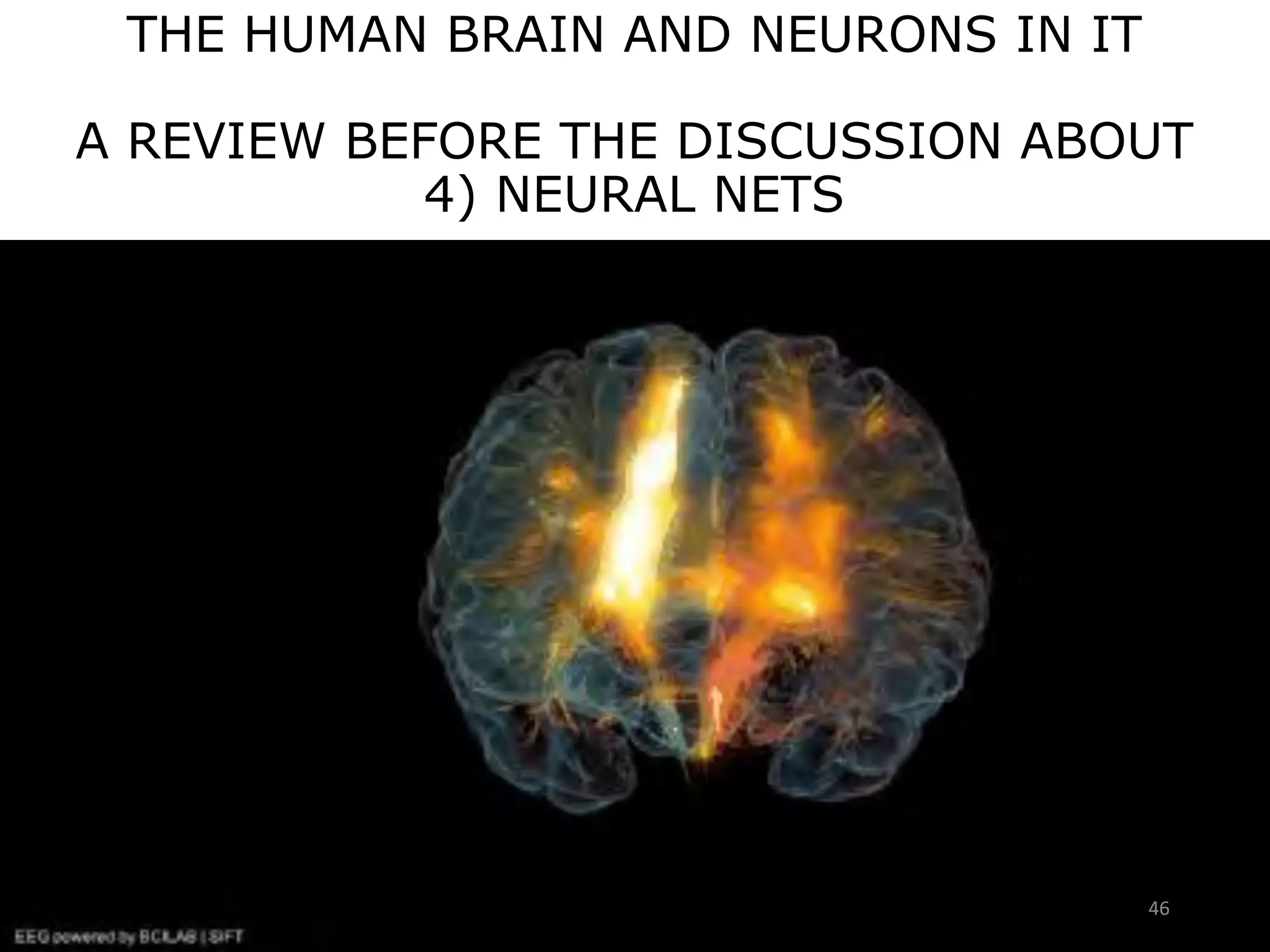 THE HUMAN BRAIN AND NEURONS IN IT
A REVIEW BEFORE THE DISCUSSION ABOUT
4) NEURAL NETS
46
 
